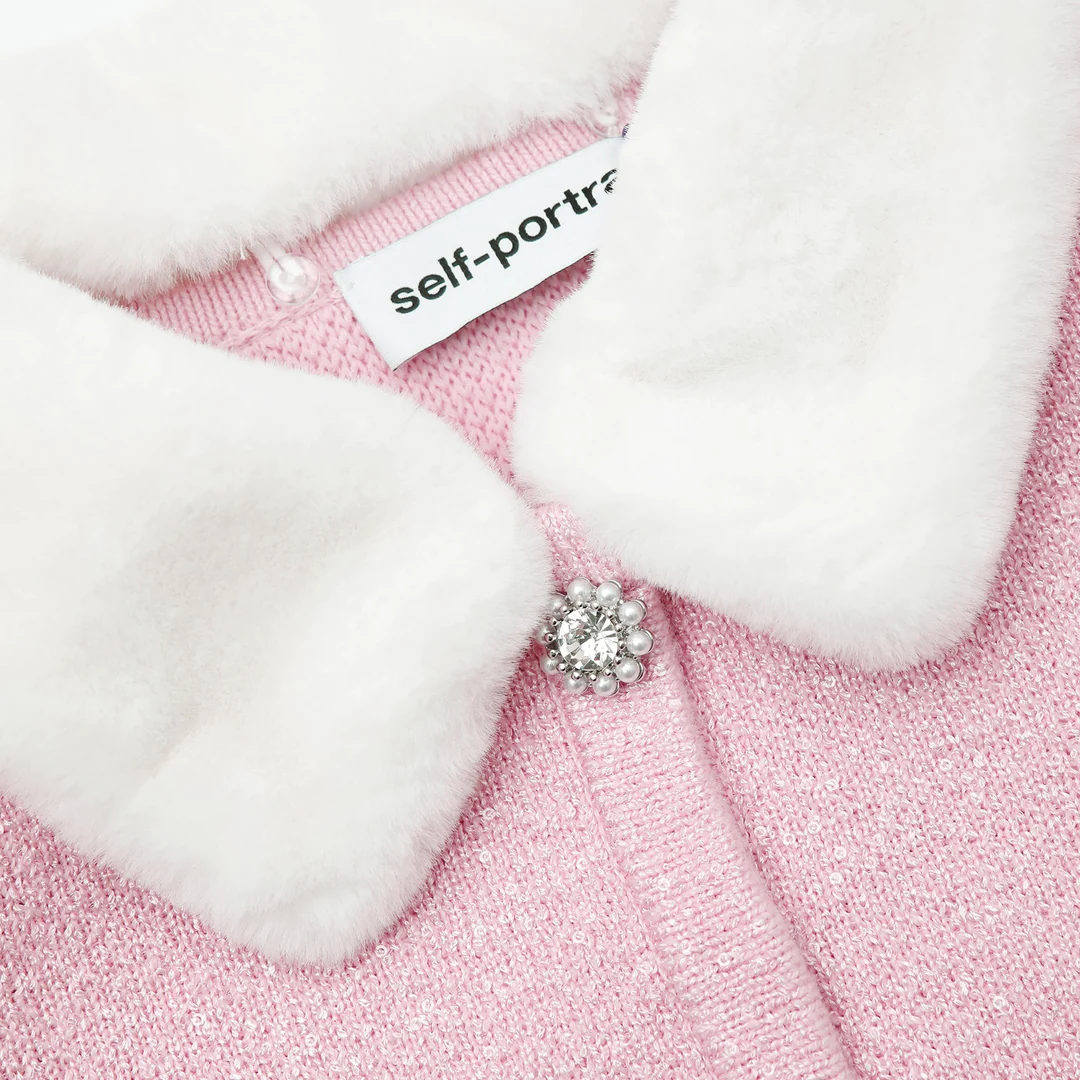 Self-Portrait Pink Faux Fur Collar Cardigan