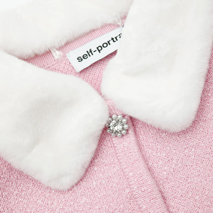 Self-Portrait Pink Faux Fur Collar Cardigan