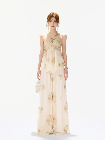 CYNR Soft Chiffon Halter Wide Leg Pants Set