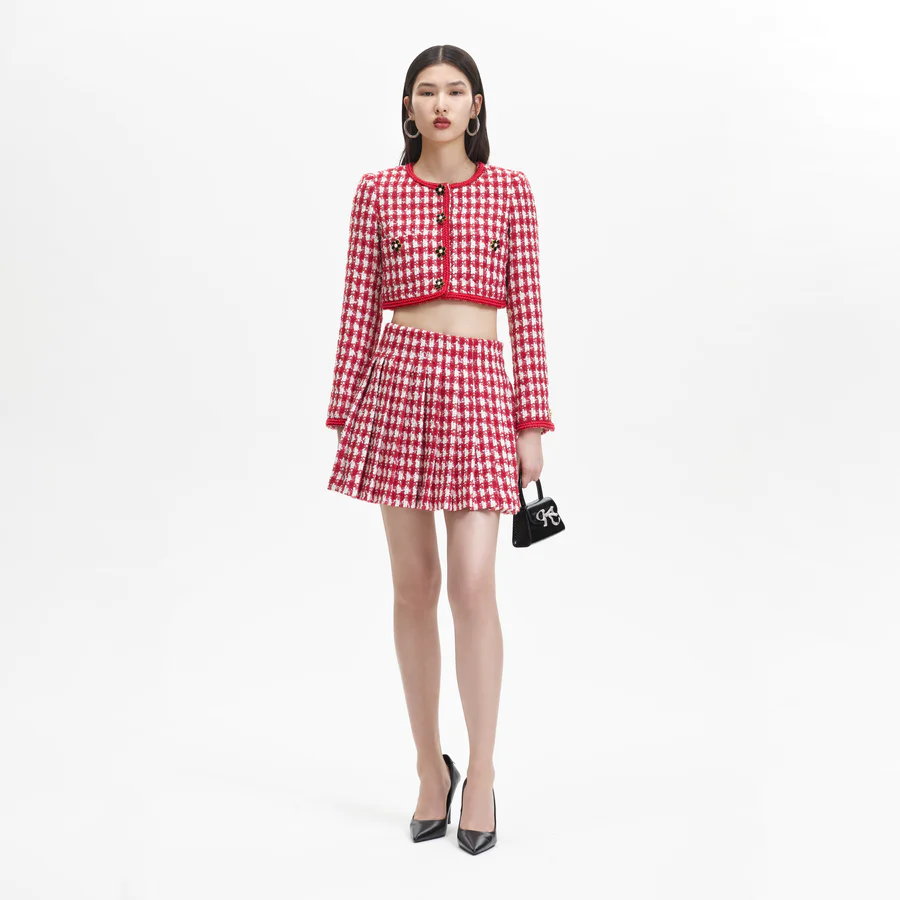 Self-Portrait Red Check Boucle Cropped Jacket