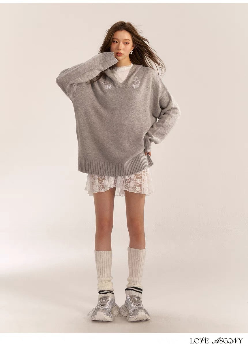 AsGony ASG24554/ASG24553 Grey Sweater &amp; Lace Dress