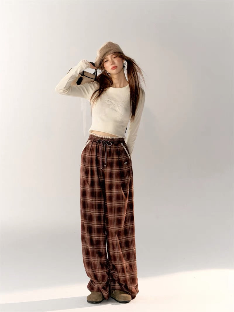 AsGony Lace Grid Loose Pants(2color)