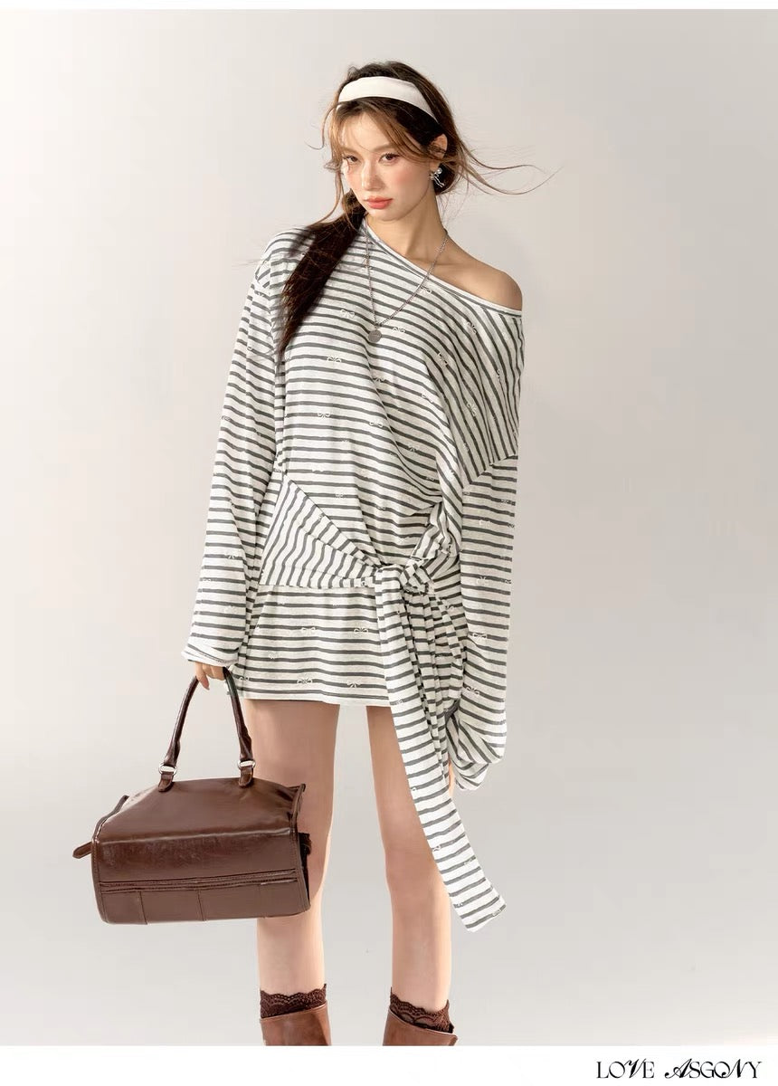 AsGony One-shoulder Stripe Dress(2color)