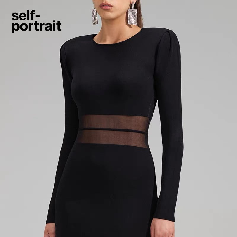 Self-Portrait BLACK KNIT STRIPED MIDI DRESS