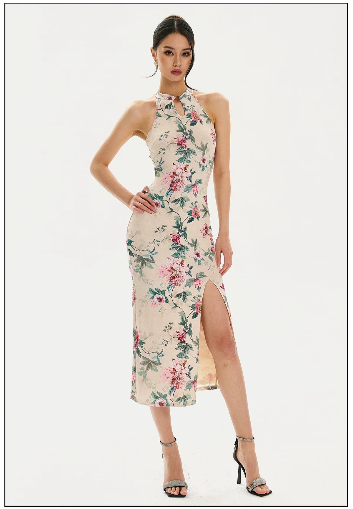 FIND YA WINGS Floral Shadow Halter Midi Cheongsam