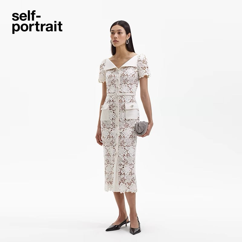 Self-Portrait WHITE LACE OPEN NECK MIDI DRESS