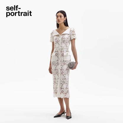 Self-Portrait WHITE LACE OPEN NECK MIDI DRESS