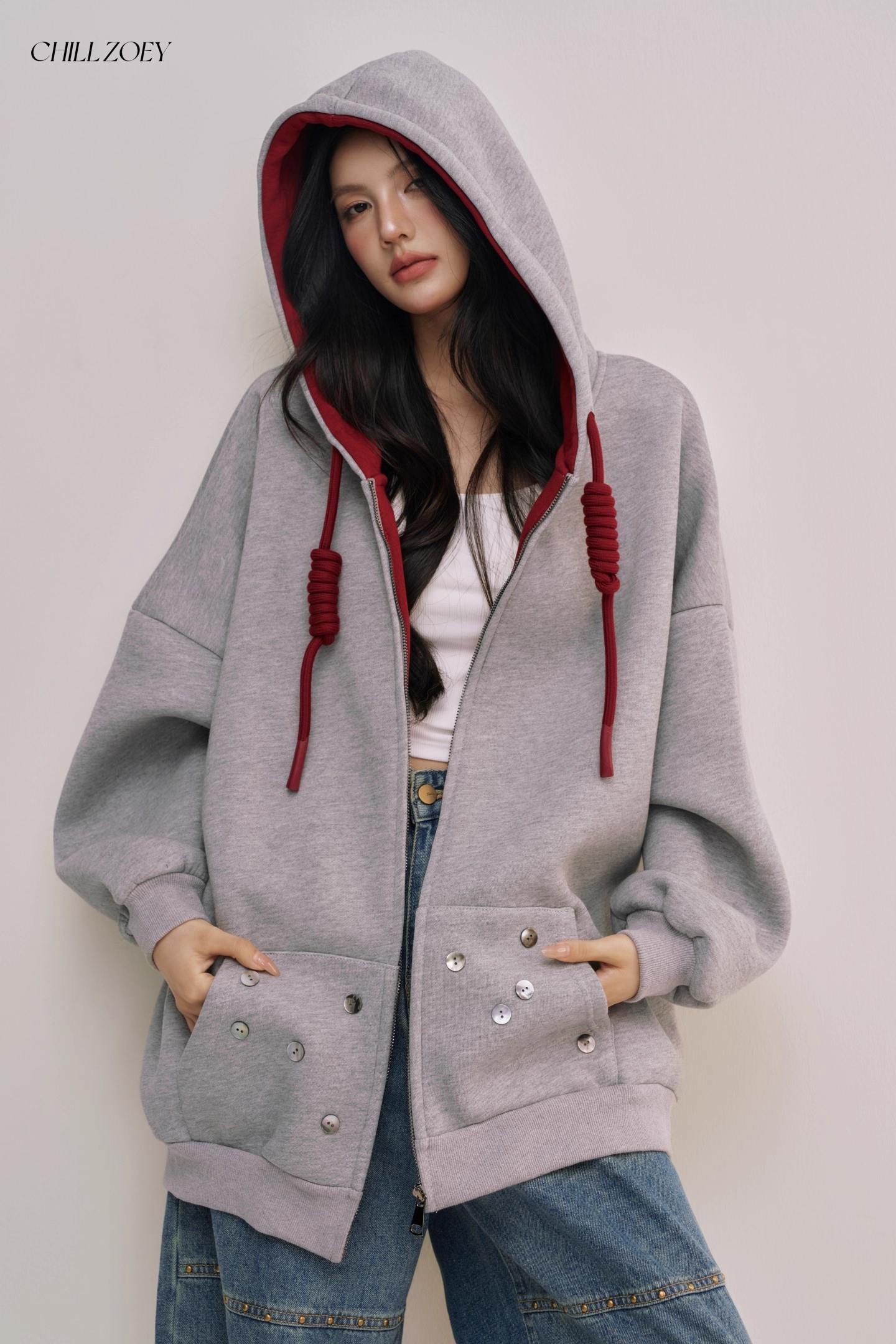 Chill Zoey M690292 Oversized Color-Block Hoodie in Red and Gray