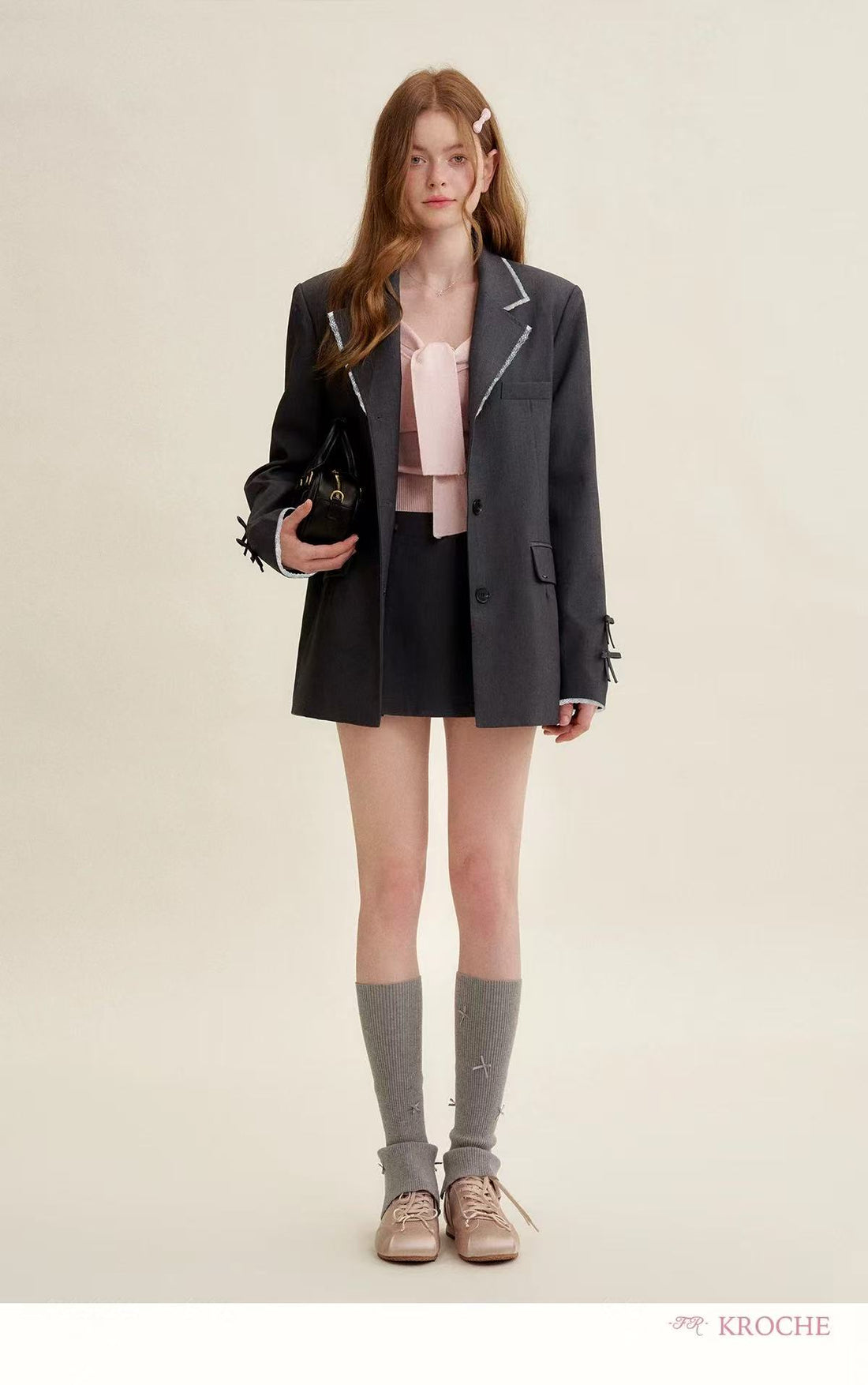 Kroche Bow tie loose suit jacket + skirt