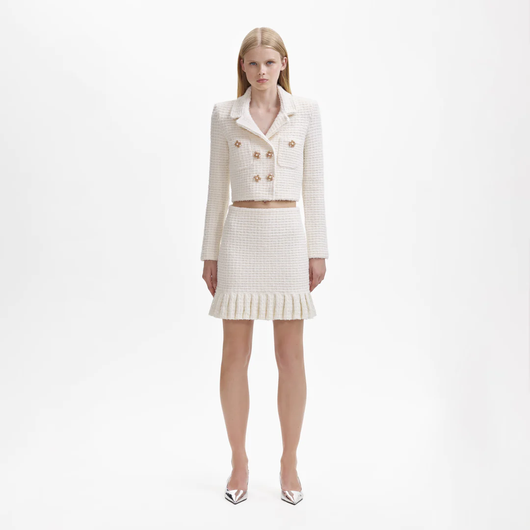 Self-Portrait Cream Sequin Textured Knit Jacket