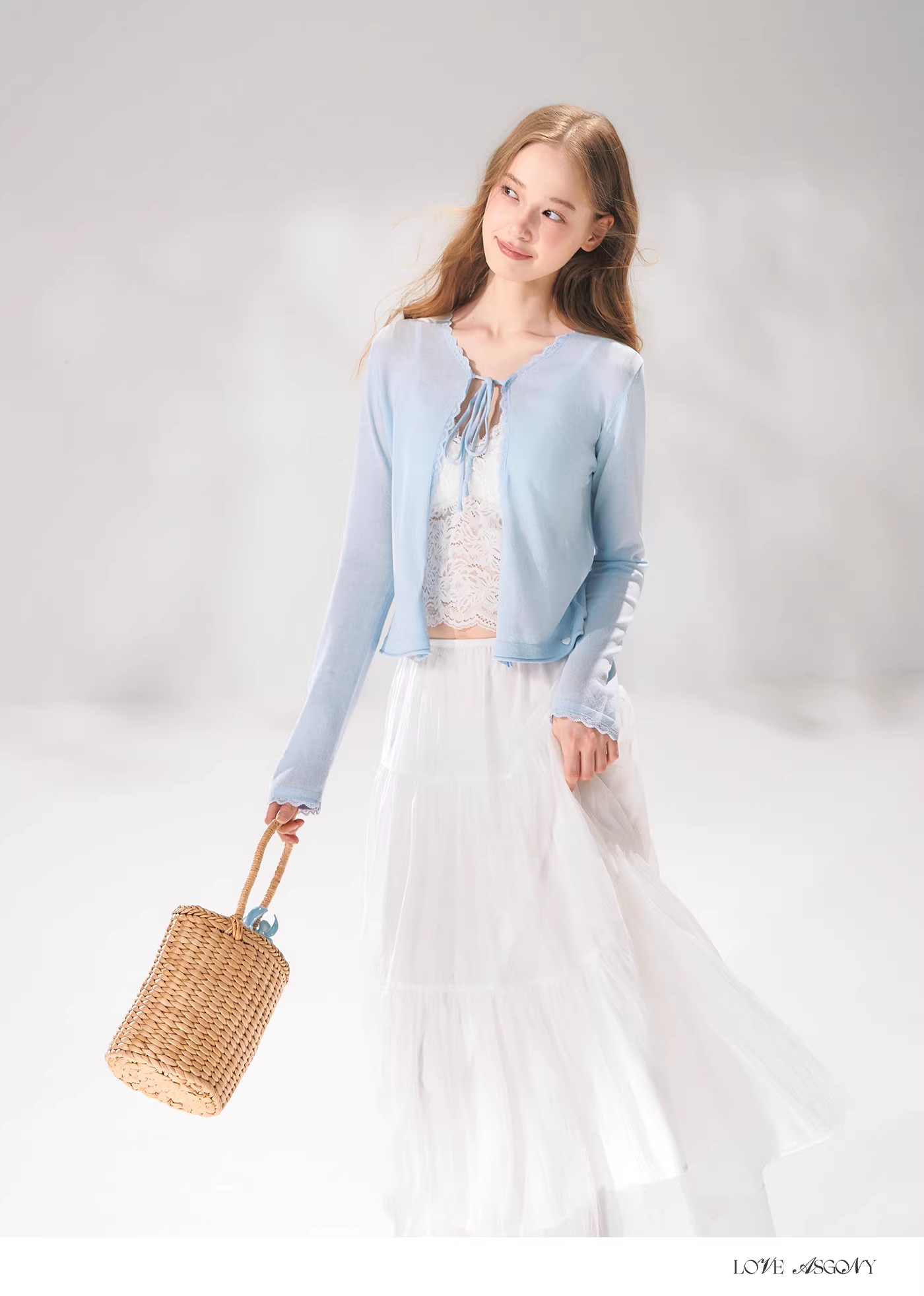 AsGony ASG26085 Knitted lace patchwork tie cardigan