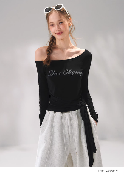 AsGony ASG26062 Off shoulder rhinestone strap long sleeved T-shirt