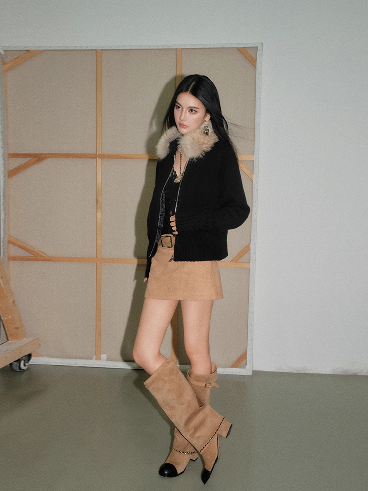 OLIVIA DUO DWT25423 Fur-Collar Top and Belted Brown Culottes Set