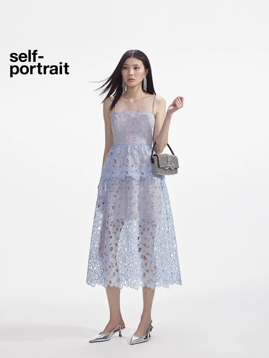 Self-Portrait BLUE ORGANZA LACE MIDI DRESS