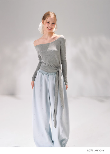 AsGony ASG26062 Off shoulder rhinestone strap long sleeved T-shirt