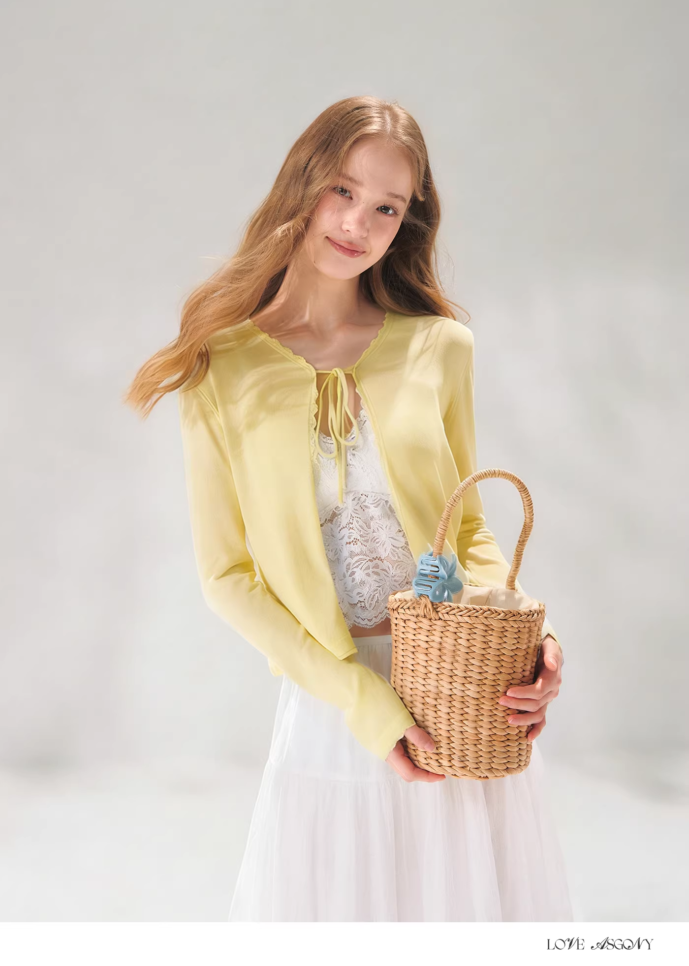 AsGony ASG26085 Knitted lace patchwork tie cardigan