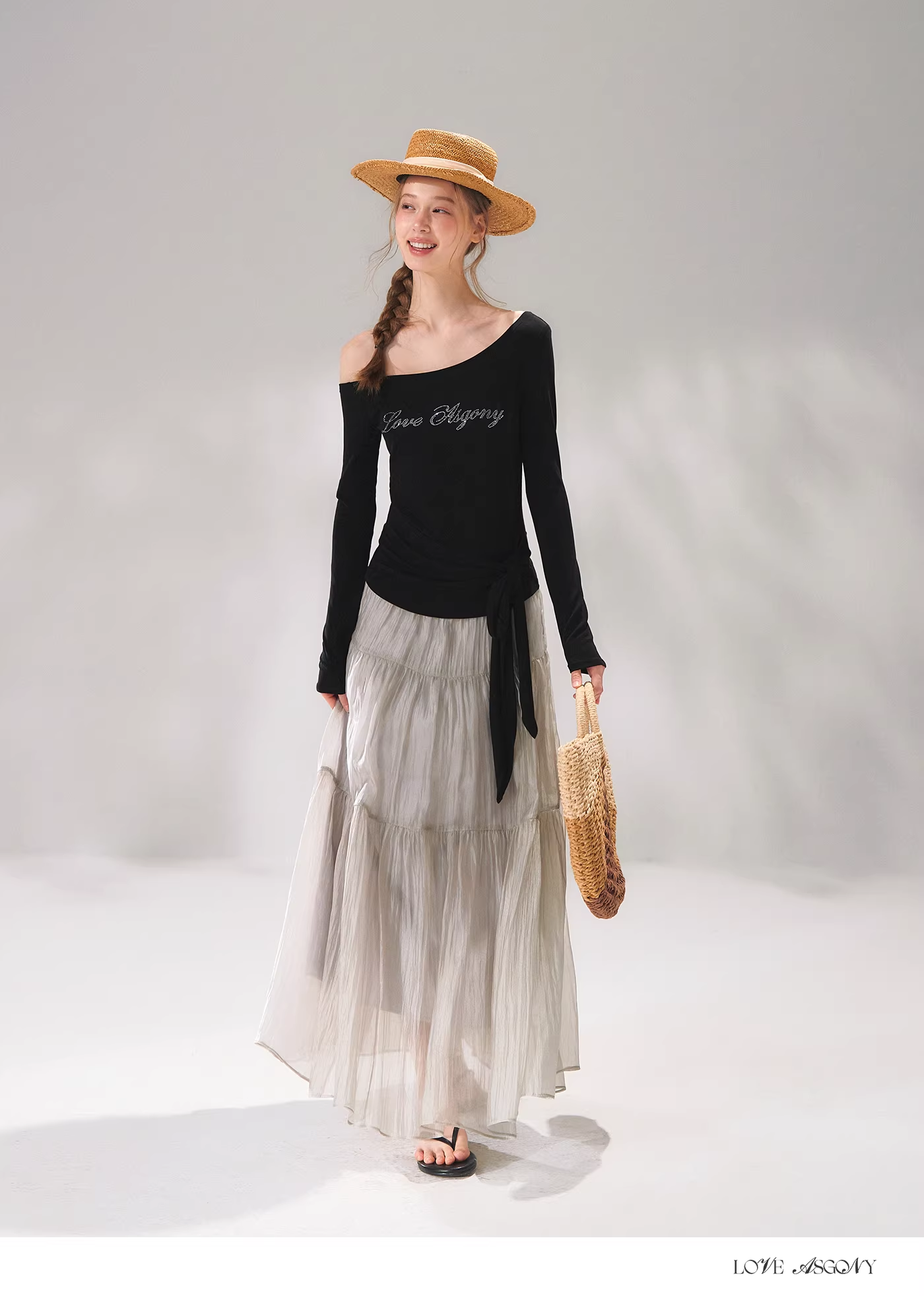 AsGony ASG26103 Pearlescent texture A-line spliced tiered skirt