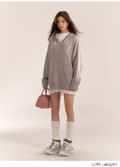 AsGony ASG24554/ASG24553 Grey Sweater &amp; Lace Dress