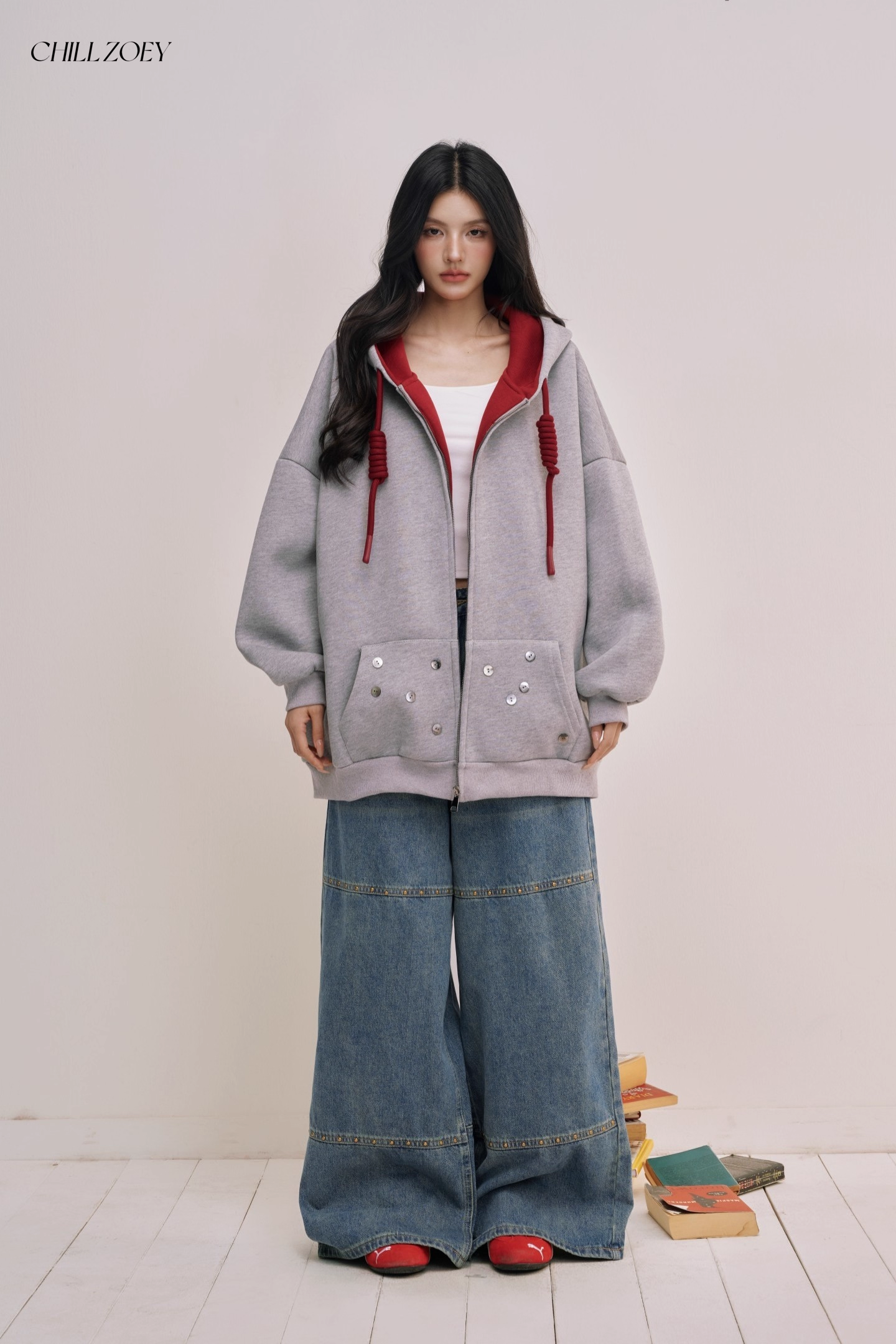 Chill Zoey M690292 Oversized Color-Block Hoodie in Red and Gray