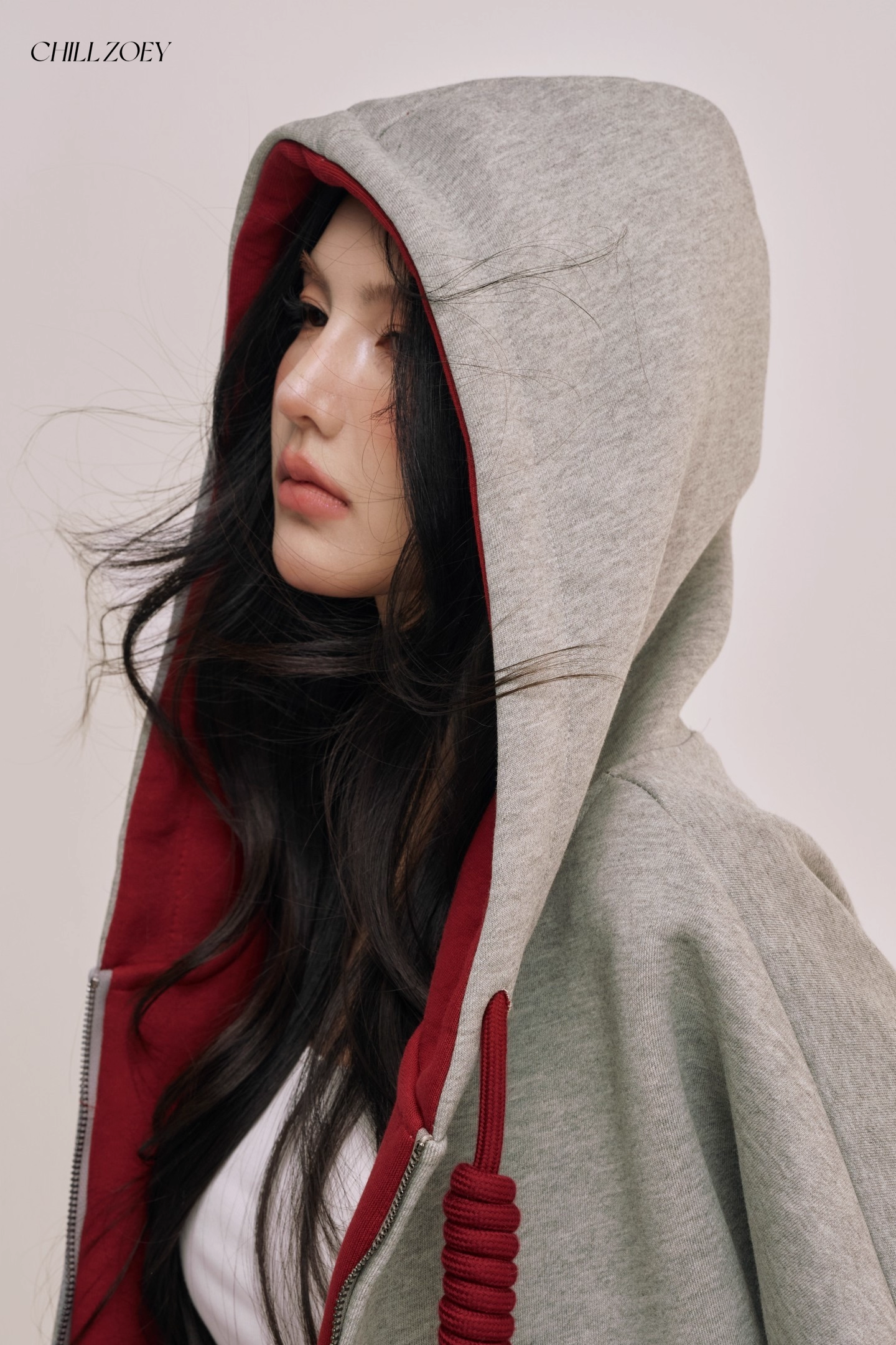 Chill Zoey M690292 Oversized Color-Block Hoodie in Red and Gray