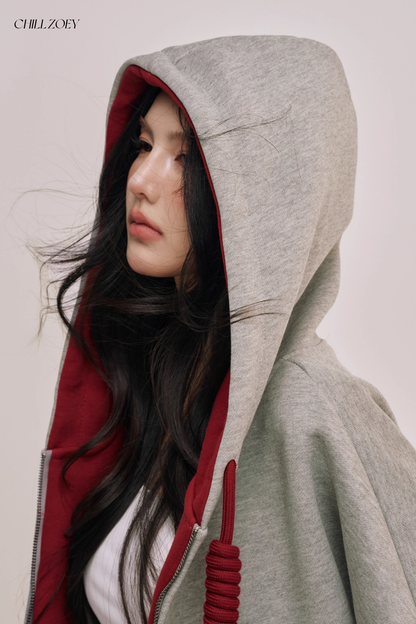 Chill Zoey M690292 Oversized Color-Block Hoodie in Red and Gray
