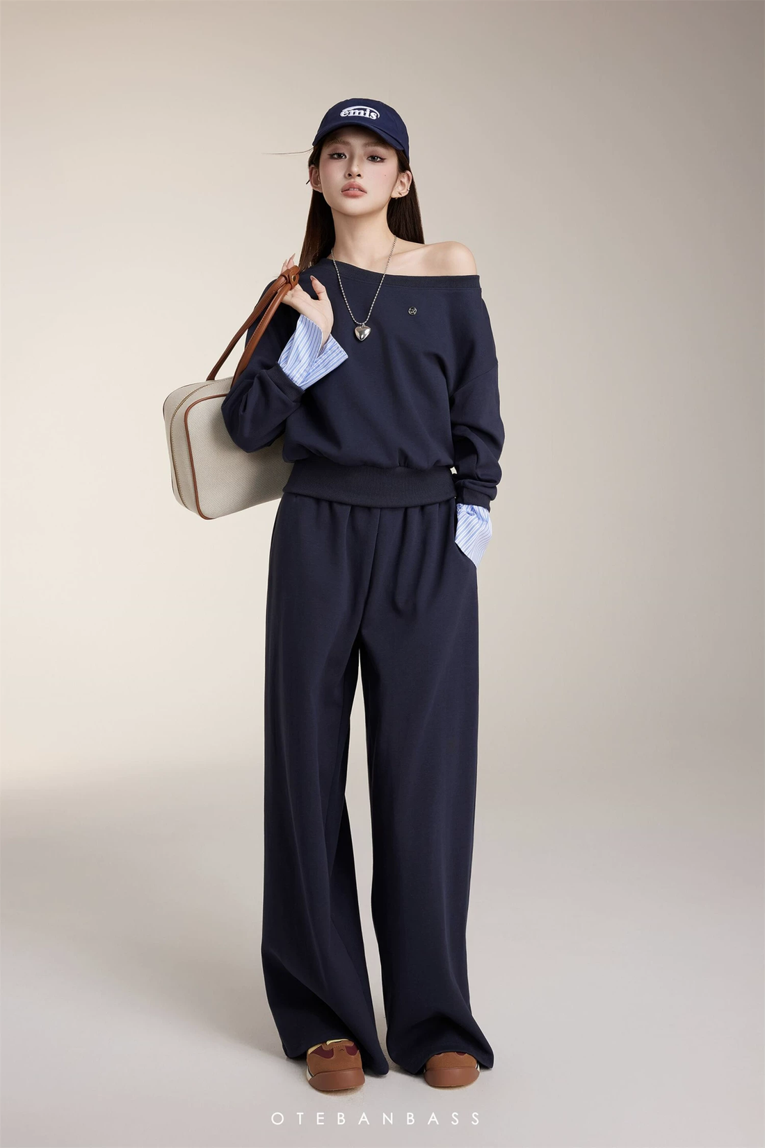 OTEBANBASS Navy Off-Shoulder Sweatshirt Set