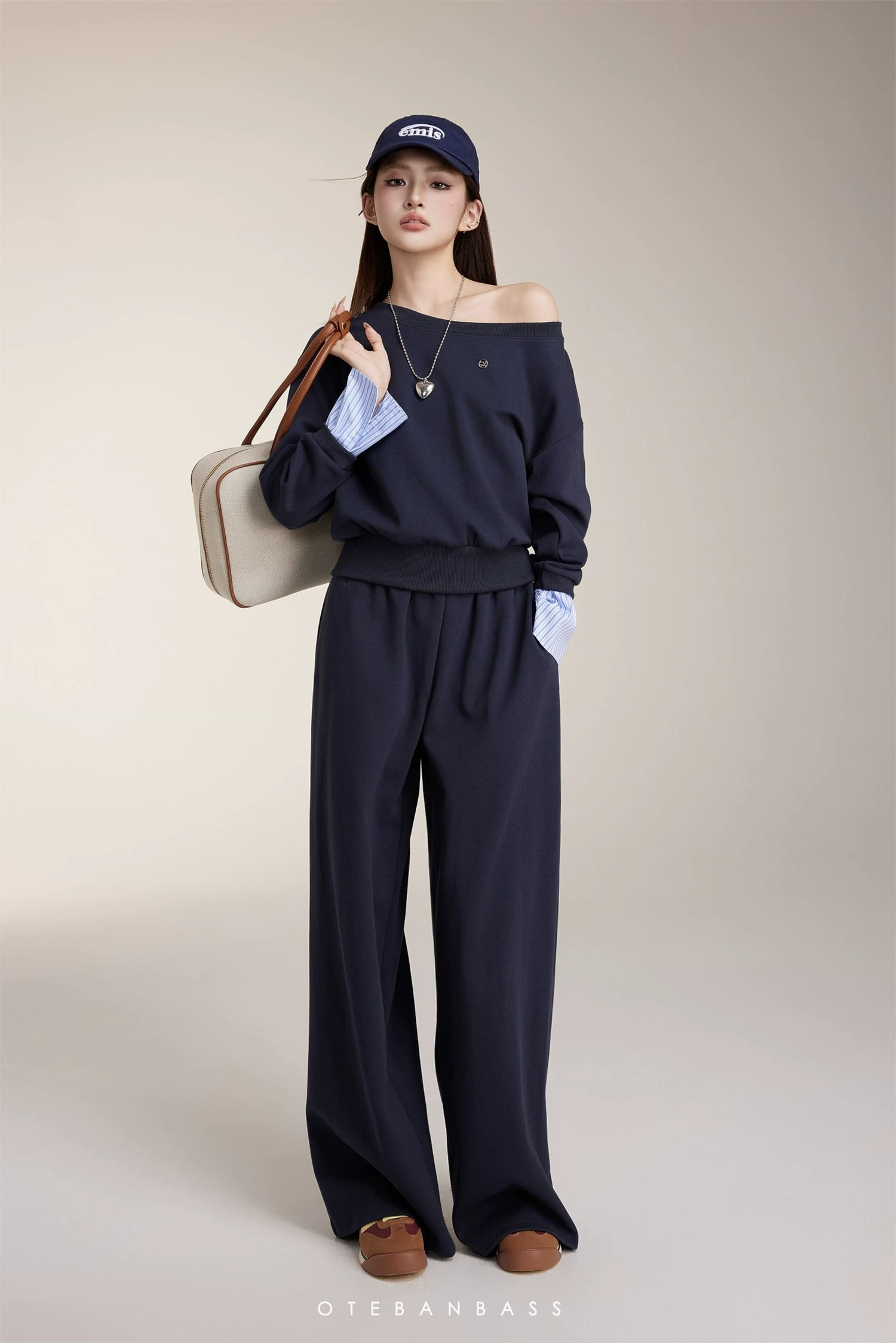 OTEBANBASS Navy Off-Shoulder Sweatshirt Set