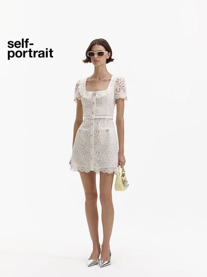 Self-Portrait CREAM GUIPURE LACE MINI DRESS