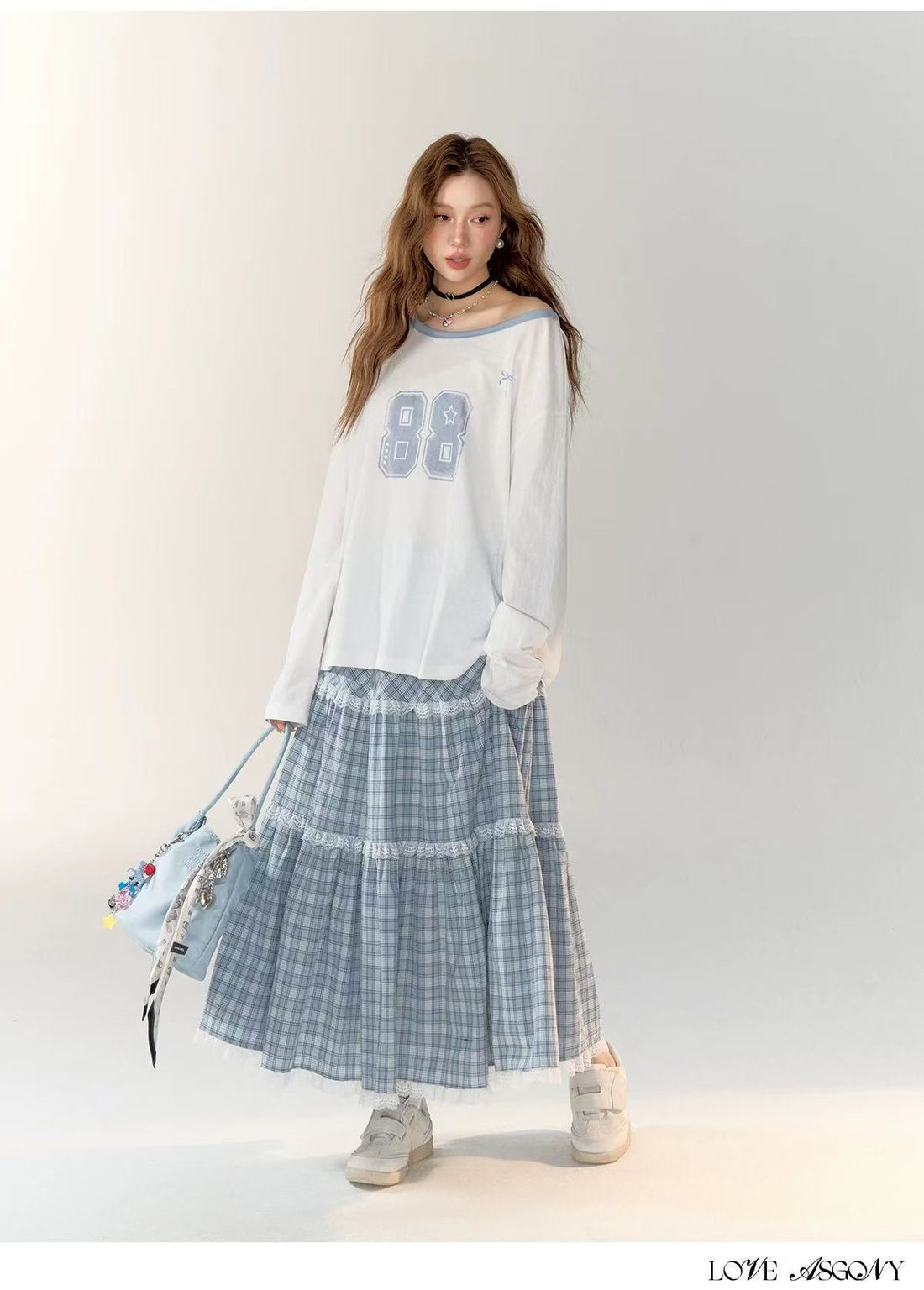 AsGony ASG24722 ASG24723 Slanted shoulder hoodie + Plaid skirt