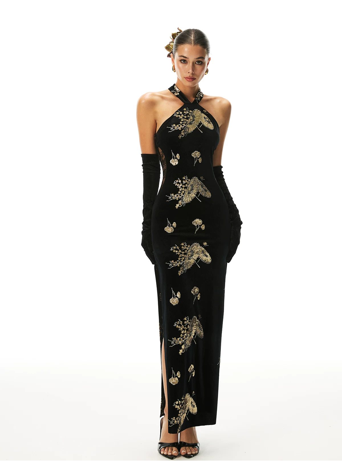 FIND YA WINGS Velvet Halter Beaded Cheongsam