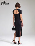 Self-Portrait BLACK VISCOSE KNITTED MIDI DRESS