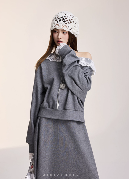 OTEBANBASS Grey Lace-Trim Co-ord Skirt Set