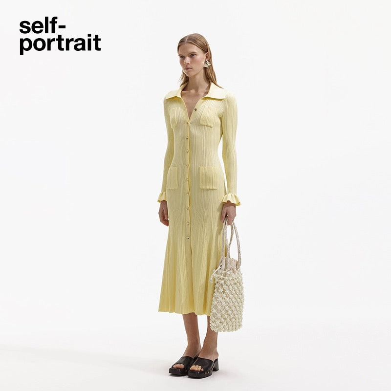 Self-Portrait YELLOW RIBBED VISCOSE KNIT MIDI DRESS