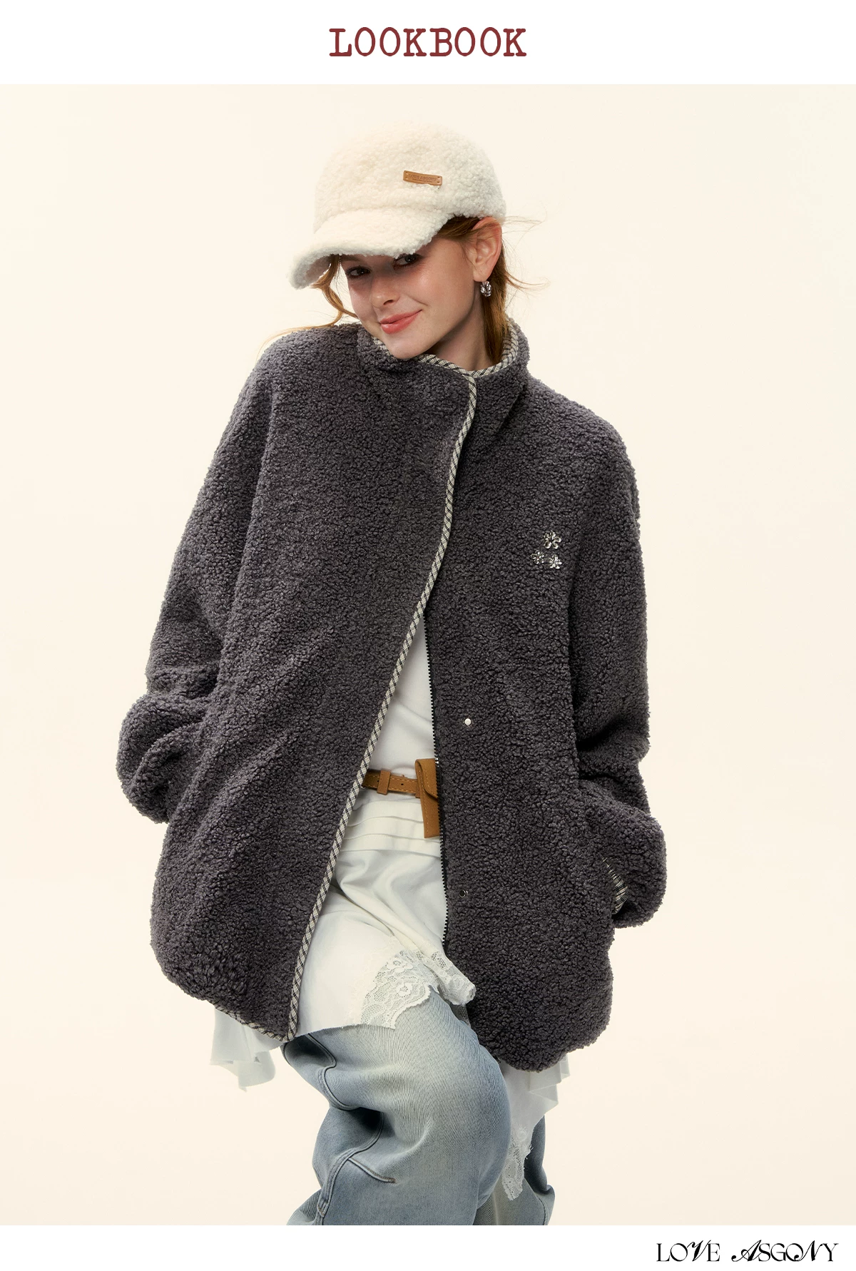 AsGony ASG25616 Gray plaid fleece jacket