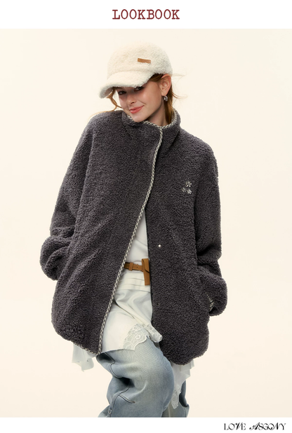AsGony ASG25616 Gray plaid fleece jacket