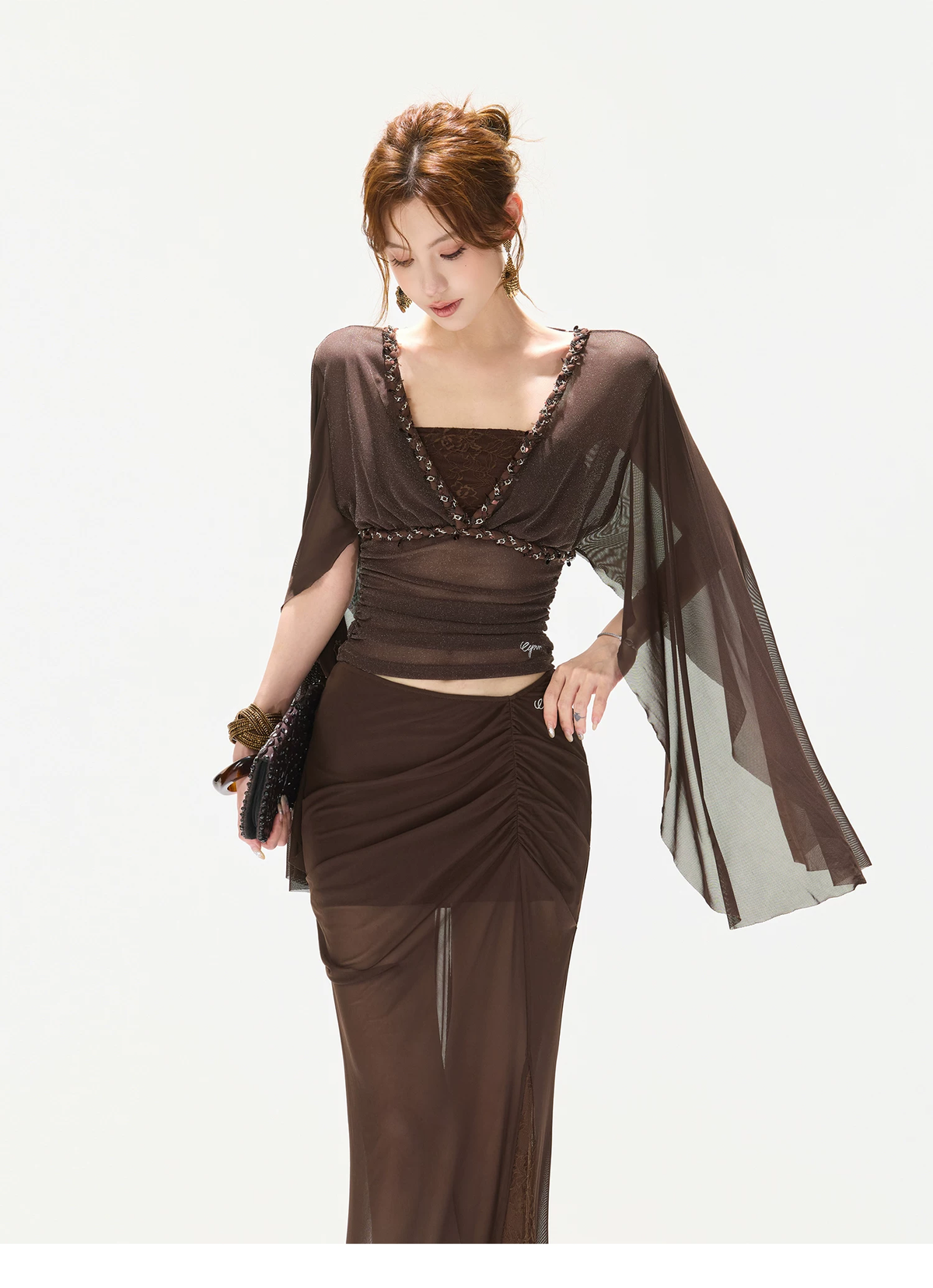 CYNR Rhinestone V-Neck Mesh Flutter Sleeve Top &amp; Mermaid Fishtail Skirt