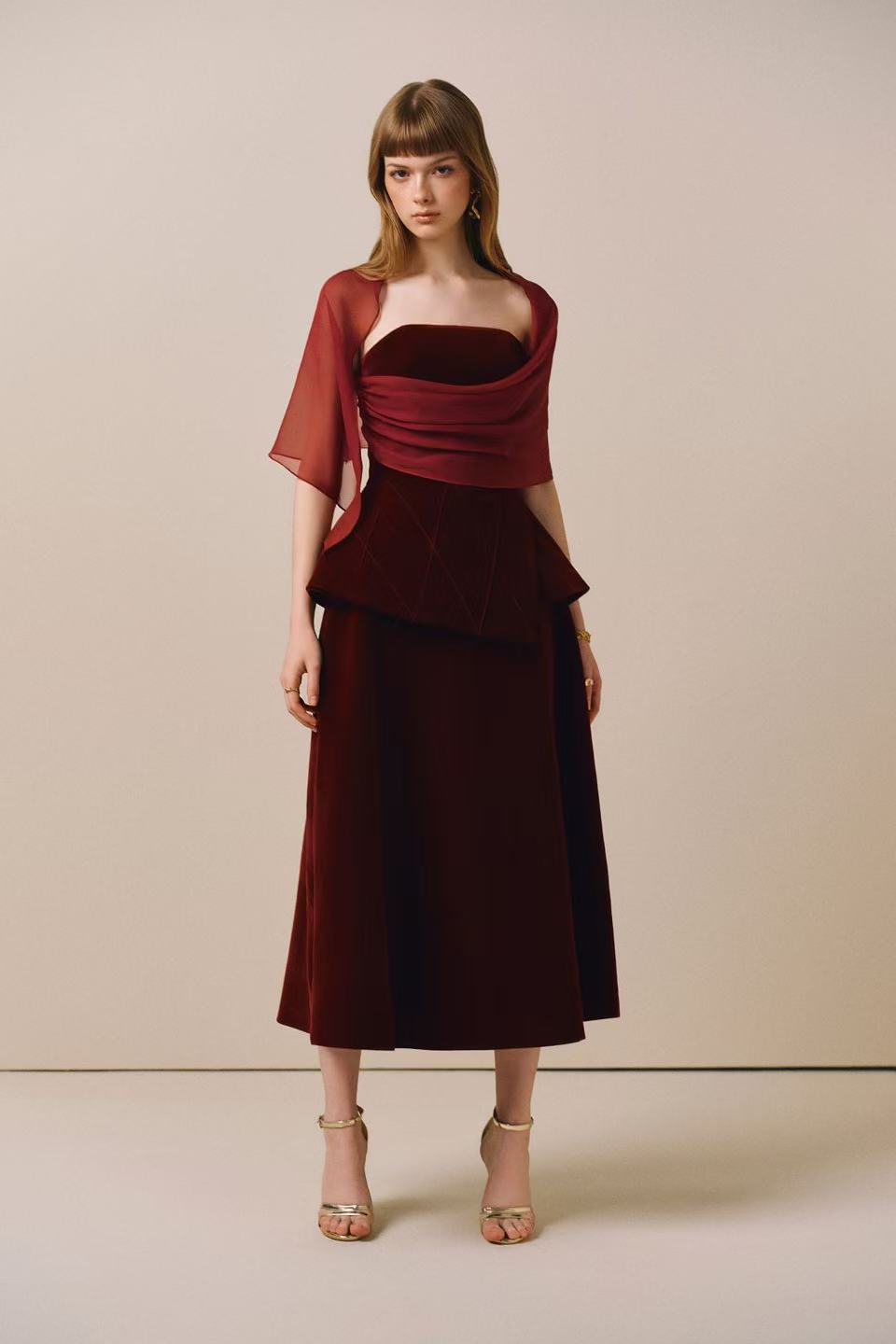 CICI SCARLOTTE Velvet Midi Dress with Sheer Overlay (2color)