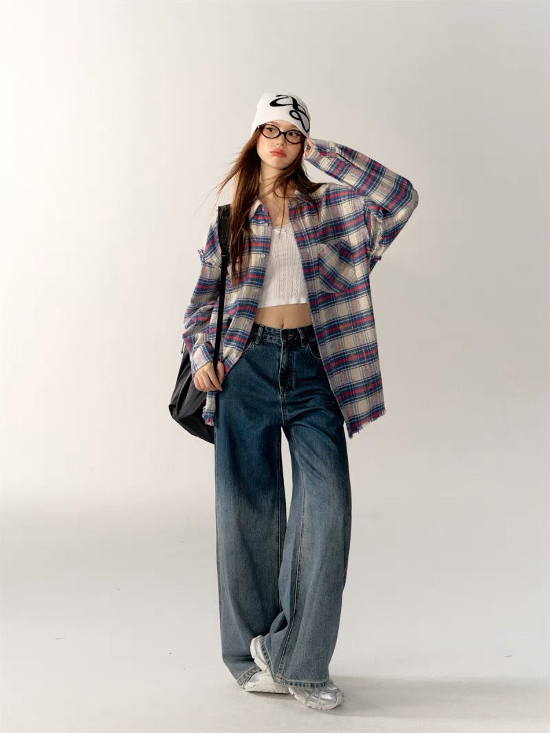 AsGony Label Grid Shirt &amp; High Waist Jeans