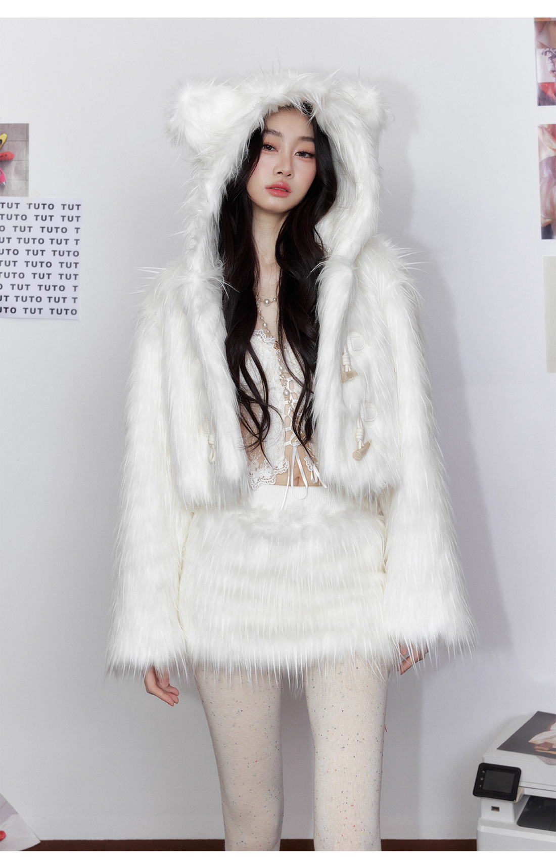 Tut tuto Cloud Bear hooded fur coat + skirt set