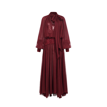 SHEERLUCK SLLYQ25303 Chiffon lace waist cinched V-neck dress