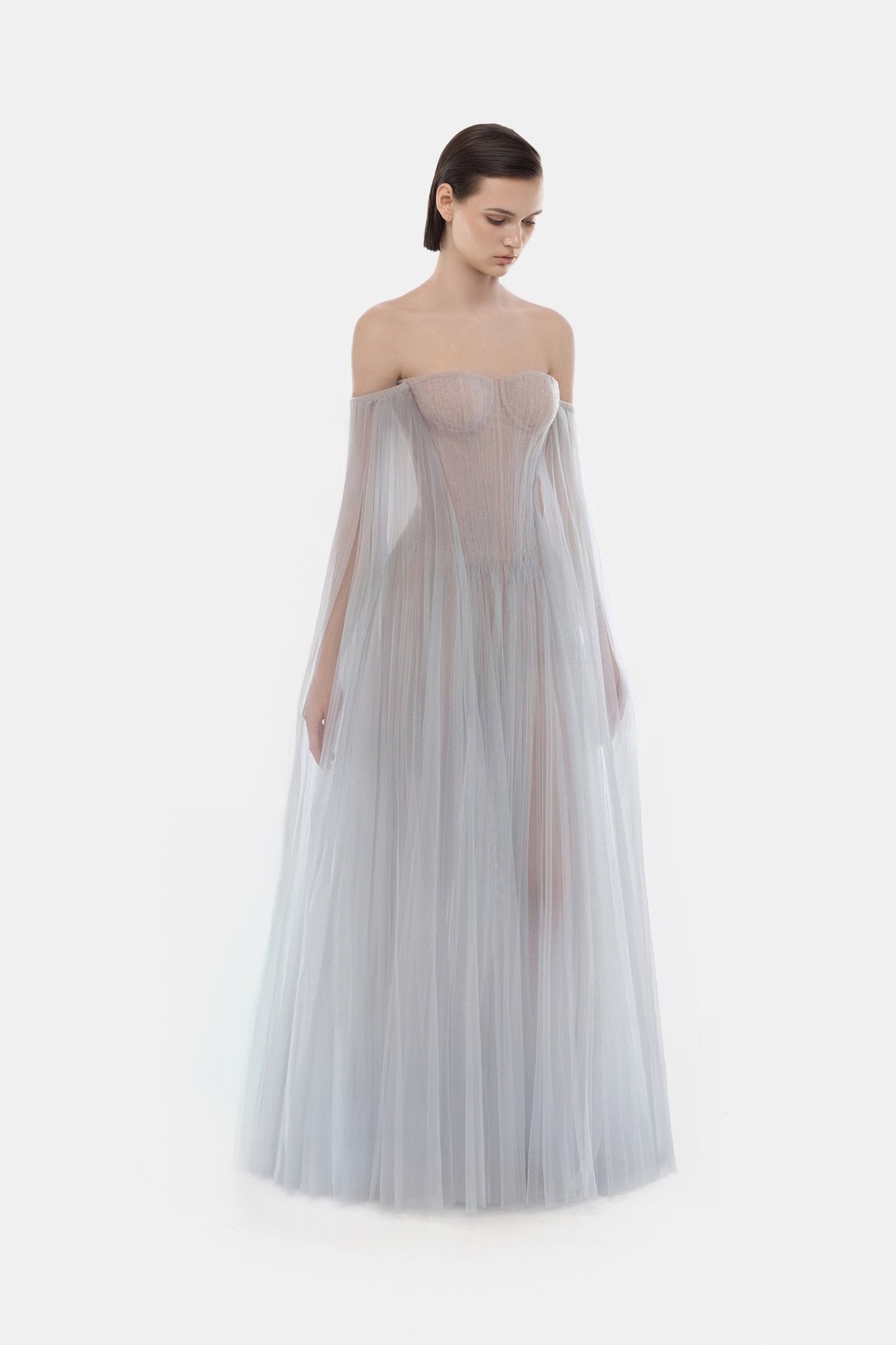 Montsand Grey Tulle Off-shoulder Midi Dress