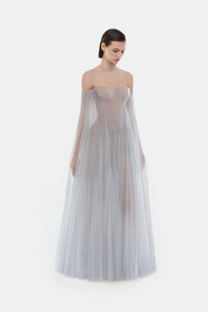 Montsand Grey Tulle Off-shoulder Midi Dress