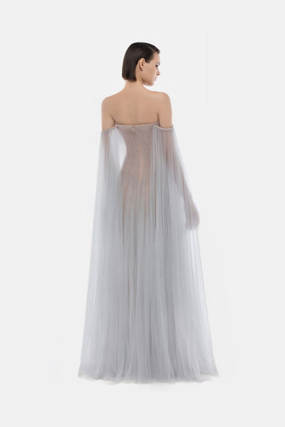 Montsand Grey Tulle Off-shoulder Midi Dress