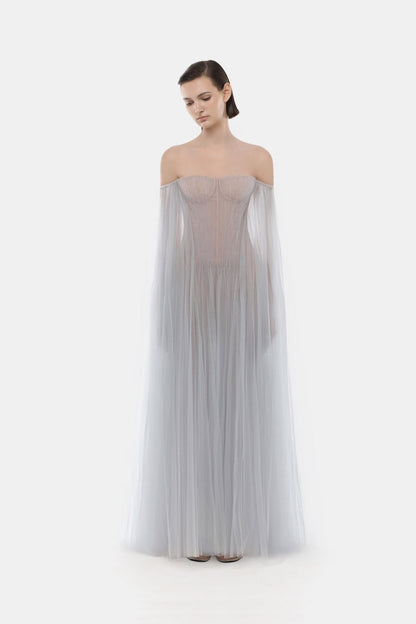 Montsand Grey Tulle Off-shoulder Midi Dress