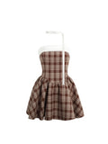 Jean Soo Vintage Plaid Patchwork Bow Puffy Sheath Dress