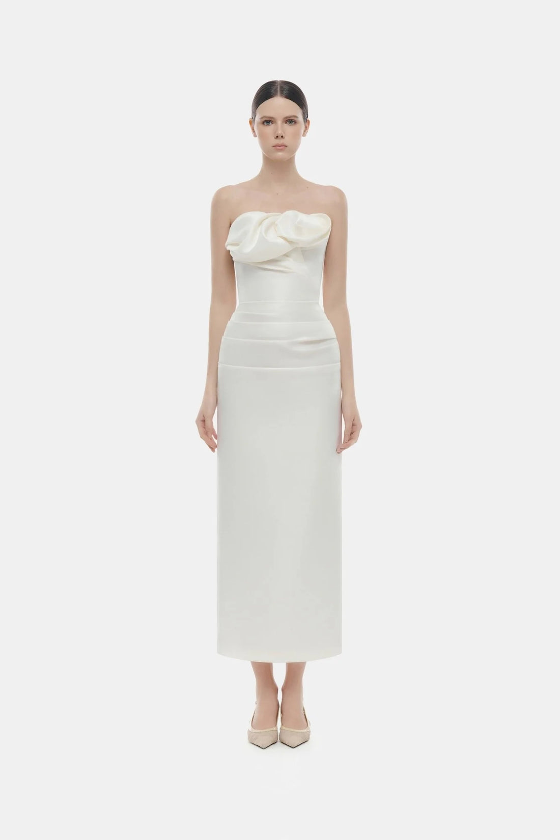 Montsand Ivory Draped Tube Midi Dress