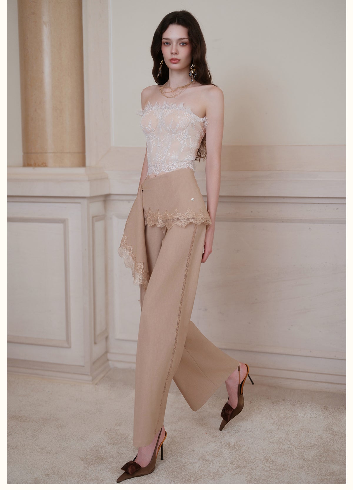 SHEERLUCK SLKZ26722 Dune Lace-Panel Tailored Trousers-Oatmeal