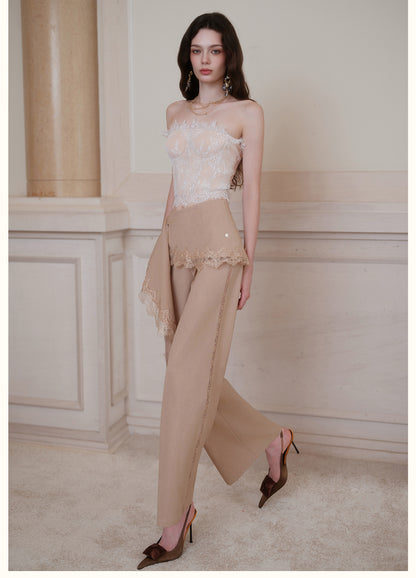 SHEERLUCK SLKZ26722 Dune Lace-Panel Tailored Trousers-Oatmeal