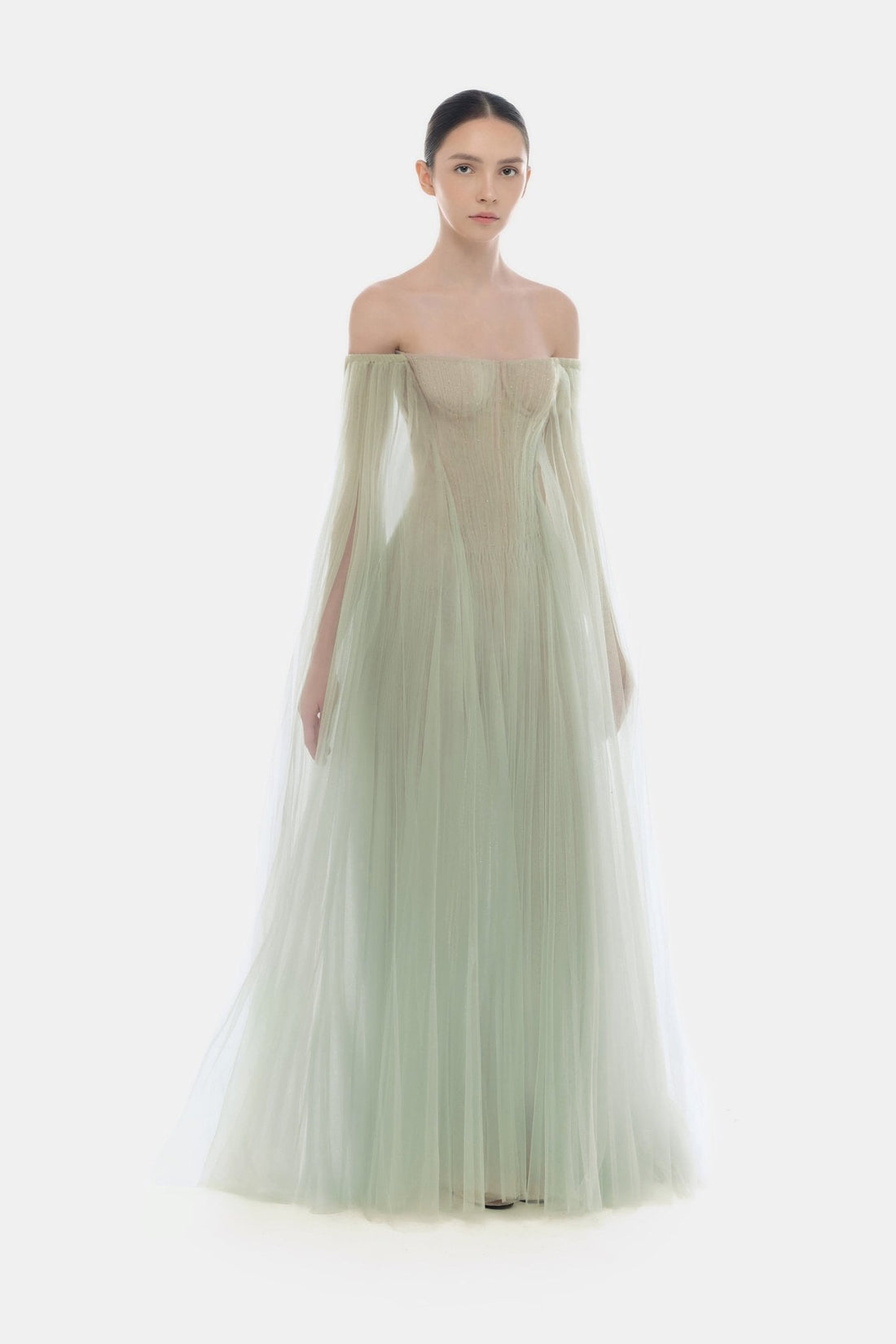 Montsand Mint Tulle Off-shoulder Midi Dress