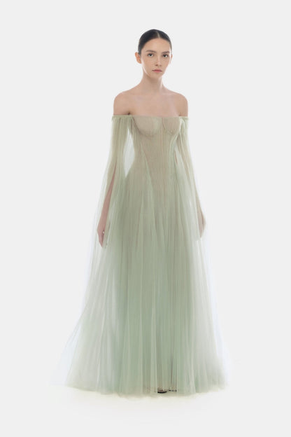 Montsand Mint Tulle Off-shoulder Midi Dress
